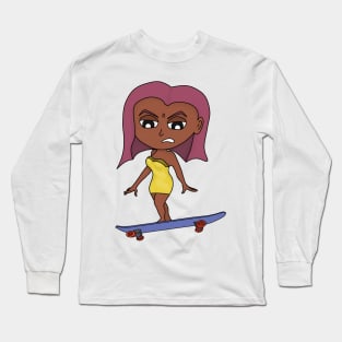 Girl in yellow dress skateboarding Long Sleeve T-Shirt